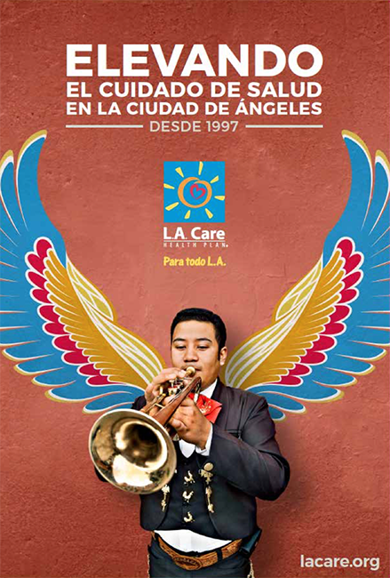 image of an L.A. Care poster with a mariachi trumpet player